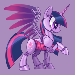 Size: 2048x2048 | Tagged: safe, artist:pfeffaroo, twilight sparkle, alicorn, gynoid, pony, robot, g4, female, high res, horn, profile, raised hoof, roboticization, side view, solo, spread wings, tail, twibot, twilight sparkle (alicorn), wings