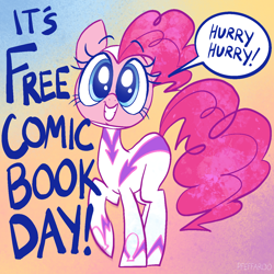 Size: 1280x1280 | Tagged: safe, artist:pfeffaroo, fili-second, pinkie pie, earth pony, pony, g4, caption, female, free comic book day, gradient background, grin, looking at you, mare, power ponies, raised hoof, smiling, smiling at you, solo, speech bubble, tail, text