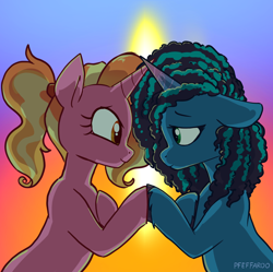 Size: 2060x2048 | Tagged: safe, artist:pfeffaroo, luster dawn, misty brightdawn, pony, unicorn, g4, g5, the last problem, dawn, duo, duo female, eye contact, female, generational ponidox, high res, holding hooves, hoof on chest, hoofbump, horn, horns are touching, looking at each other, looking at someone, mare, signature, smiling, touching hooves, unshorn fetlocks