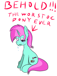 Size: 1200x1600 | Tagged: safe, artist:amateur-draw, oc, oc only, oc:belle boue, pony, unicorn, crappy art, crying, depressed, downvote bait, horn, not salmon, op is a duck, op is trying to start shit, simple background, solo, trash, wat, white background, worst pony