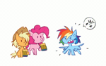Size: 1730x1080 | Tagged: safe, artist:buvanybu, applejack, pinkie pie, rainbow dash, earth pony, pegasus, pony, g4, season 2, the super speedy cider squeezy 6000, angry, animated, applejack's hat, censored vulgarity, cider, cowboy hat, emanata, female, frown, gif, grawlixes, hat, mare, open mouth, simple background, speech bubble, spinning, spread wings, trio, trio female, white background, wings