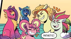 Size: 1334x737 | Tagged: safe, artist:natalie haines, idw, captain buck, flank the tank, kiki kaboom, tina two bits, earth pony, pegasus, pony, unicorn, g5, kenbucky roller derby #4, my little pony: kenbucky roller derby, spoiler:comic, spoiler:g5comic, dialogue, emanata, female, group, horn, laughing, mare, quintet, speech bubble, unnamed character, unnamed pony