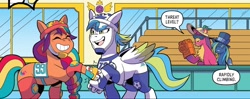 Size: 1334x527 | Tagged: safe, artist:natalie haines, idw, flank the tank, sunny starscout, tina two bits, earth pony, pegasus, pony, g5, kenbucky roller derby #4, my little pony: kenbucky roller derby, spoiler:comic, spoiler:g5comic, dialogue, disguise, duo focus, emanata, eyes closed, female, grin, helmet, mane stripe sunny, mare, roller skates, skates, smiling, speech bubble, unnamed character, unnamed pony