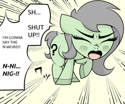 Size: 1325x1100 | Tagged: safe, artist:scandianon, oc, oc only, oc:filly anon, earth pony, pony, anime style, blushing, dialogue, dialogue box, eyes closed, female, filly, floppy ears, foal, furrowed brow, i'm gonna say the n-word, japanese, katakana, raised hoof, scrunchy face, speed lines