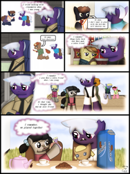 Size: 1750x2333 | Tagged: safe, artist:99999999000, oc, oc only, oc:firearm king, oc:zhang cathy, pony, zebra, comic:affection, colt, comic, cookie, doll, female, filly, foal, food, male, tea, teapot, toy
