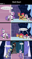 Size: 1920x3516 | Tagged: safe, artist:platinumdrop, apple bloom, derpy hooves, king sombra, princess flurry heart, scootaloo, sweetie belle, alicorn, earth pony, pegasus, pony, unicorn, comic:dark heart, g4, 3 panel comic, abuse, alternate timeline, applebuse, armor, avoiding eye contact, bound wings, bowing, chains, collar, comic, commission, crystal, crystal castle, crystal empire, cutie mark crusaders, dark crystal, derpybuse, dialogue, evil flurry heart, female, flurry heart is amused, folded wings, horn, husband and wife, indoors, looking at each other, looking at someone, looking away, looking down, male, mare, older, older apple bloom, older derpy hooves, older flurry heart, older scootaloo, older sweetie belle, sad, scootabuse, ship:flurrybra, shipping, slave, slave collar, smiling, smug, smug smile, speech bubble, spiked collar, spiked wristband, stallion, straight, sweetiebuse, throne, throne room, victorious villain, wall of tags, wing cuffs, wings, wristband