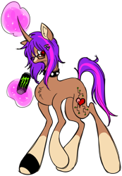 Size: 762x1099 | Tagged: safe, artist:expectationemesis, oc, oc only, oc:circuit heart, pony, unicorn, big hooves, blaze (coat marking), chest fluff, choker, clothes, coat markings, collar, drink, energy drink, facial markings, glasses, gloves, hairclip, horn, long legs, looking sideways, magic, magic aura, monster energy, ponysona, red eyes, simple background, socks (coat markings), solo, spiked choker, spiked collar, tail, telekinesis, transparent background, two toned mane, two toned tail, unicorn oc