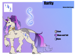 Size: 1920x1358 | Tagged: safe, artist:oneiria-fylakas, rarity, pony, alternate design, cloven hooves, curved horn, gradient background, horn, reference sheet, solo