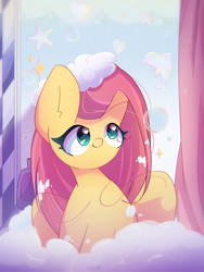 Size: 1950x2600 | Tagged: safe, artist:miryelis, fluttershy, dolphin, pegasus, pony, starfish, g4, bath, bubble, cute, female, foam, heart, heart eyes, long hair, mare, shyabetes, sitting, smiling, solo, sparkles, wingding eyes