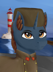 Size: 1248x1680 | Tagged: safe, artist:aquamuro, oc, oc only, oc:winter turnip, pony, unicorn, equestria at war mod, bust, clothes, ear fluff, hat, horn, lighthouse, ocean, portrait, solo, water