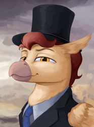 Size: 1560x2100 | Tagged: safe, artist:kelkessel, oc, oc only, oc:golden shore, hippogriff, equestria at war mod, bust, clothes, hat, hippogriff oc, necktie, portrait, solo, top hat