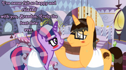 Size: 1193x670 | Tagged: safe, artist:iamscar2017, artist:maretrick, twilight sparkle, oc, oc:brandonthebronypony, pony, g4, alternate hairstyle, blushing, deviantart watermark, duo, duo male and female, female, in love, looking into each others eyes, male, mare, obtrusive watermark, pampering, ponyville spa, romance, spa, stallion, towel, watermark, wet, wet mane