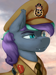 Size: 1560x2100 | Tagged: safe, artist:kelkessel, oc, oc only, oc:grandpri, pony, equestria at war mod, bust, cap, clothes, fangs, hat, military uniform, necktie, new mareland, portrait, solo, sun, uniform