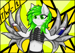 Size: 4214x3000 | Tagged: safe, artist:twinky, oc, cyborg, cyborg pony, pegasus, pony, semi-anthro, artificial wings, augmented, belly button, ear fluff, female, green eyes, green mane, mare, midriff, solo, spread wings, wings