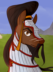 Size: 520x700 | Tagged: safe, artist:bunnyshrubby, oc, oc only, oc:tahmasp, horse, saddle arabian, equestria at war mod, armor, bust, facial hair, moustache, portrait, scar, solo