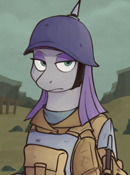Size: 520x700 | Tagged: safe, artist:bunnyshrubby, maud pie, equestria at war mod, bag, bust, clothes, pickelhaube, portrait, shovel, solo