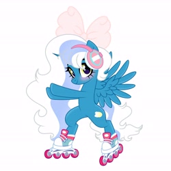 Size: 6890x6890 | Tagged: safe, artist:riofluttershy, oc, oc only, oc:fleurbelle, alicorn, pony, alicorn oc, bow, female, hair bow, headphones, horn, mare, simple background, skates, smiling, solo, white background, wings, yellow eyes
