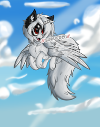 Size: 4904x6200 | Tagged: safe, artist:surufomi, alicorn, fox, hybrid, alicorn horn, black, black ears, blue sky, chest fluff, cloud, colored, cute, ear fluff, facial markings, fangs, flapping, fluffy, fluffy tail, flying, happy, krita, large wings, leg fluff, long mane, male, red eyes, shiro, simple background, smiling, solo, stallion, surufomi, tail, white, wing fluff, wings