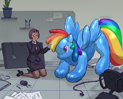 Size: 2132x1729 | Tagged: safe, artist:kamchik, rainbow dash, human, inflatable pony, pegasus, g4, breasts, comic, duo, female, human to pony, inanimate tf, inflatable, kneeling, office, transformation