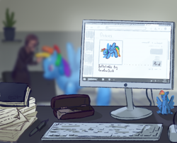Size: 2132x1729 | Tagged: safe, artist:kamchik, rainbow dash, human, inflatable pony, pegasus, comic, computer, duo, female, figurine, human to pony, inanimate tf, inflatable, office, shop, transformation