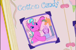 Size: 720x480 | Tagged: safe, screencap, cotton candy (g3), earth pony, pony, a charming birthday, g3, birthday book, faucet, female, mare, open mouth, open smile, picture, ponyville surprise birthday book, scrapbook, smiling, soda, soda jerk, solo, table, text