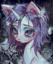 Size: 1702x2048 | Tagged: safe, artist:p0nyplanet, rarity, butterfly, pony, unicorn, g4, abstract background, bags under eyes, bust, colored eyebrows, colored pinnae, crying, eye clipping through hair, eyebrows, eyelashes, eyeshadow, female, flower, hair accessory, horn, looking up, makeup, mare, rose, signature, solo, wet, wet mane, wet mane rarity