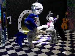 Size: 3167x2354 | Tagged: safe, alternate version, artist:malte279, part of a set, dj pon-3, octavia melody, vinyl scratch, pony, g4, cello, chenille, chenille stems, chenille wire, craft, dancing, disco ball, duo, duo female, female, musical instrument, pipe cleaner sculpture, pipe cleaners