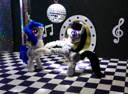 Size: 3072x2262 | Tagged: safe, alternate version, artist:malte279, part of a set, dj pon-3, octavia melody, vinyl scratch, pony, g4, chenille, chenille stems, chenille wire, craft, dancing, disco ball, duo, duo female, female, pipe cleaner sculpture, pipe cleaners
