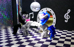 Size: 3427x2203 | Tagged: safe, alternate version, artist:malte279, part of a set, dj pon-3, octavia melody, vinyl scratch, pony, g4, chenille, chenille stems, chenille wire, craft, dancing, disco ball, duo, duo female, female, pipe cleaner sculpture, pipe cleaners