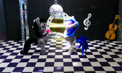 Size: 4213x2534 | Tagged: safe, alternate version, artist:malte279, part of a set, dj pon-3, octavia melody, vinyl scratch, pony, g4, cello, chenille, chenille stems, chenille wire, craft, dancing, disco ball, duo, duo female, female, musical instrument, pipe cleaner sculpture, pipe cleaners