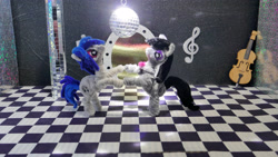 Size: 4479x2524 | Tagged: safe, alternate version, artist:malte279, part of a set, dj pon-3, octavia melody, vinyl scratch, g4, cello, chenille, chenille stems, chenille wire, craft, dancing, mirror ball, musical instrument, pipe cleaner sculpture, pipe cleaners