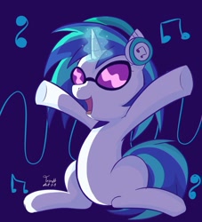 Size: 1417x1563 | Tagged: safe, artist:trash-art06, dj pon-3, vinyl scratch, pony, unicorn, g4, blue background, female, glasses, glowing, glowing horn, headphones, hooves up, horn, mare, music notes, open mouth, open smile, signature, simple background, sitting, smiling, solo, underhoof, vinyl's glasses