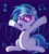 Size: 1417x1563 | Tagged: safe, artist:eltrash_art6, dj pon-3, vinyl scratch, pony, unicorn, g4, belly, blue background, female, glasses, glowing, glowing horn, headphones, hooves up, horn, magic, magic aura, mare, music notes, open mouth, open smile, signature, simple background, sitting, smiling, solo, underhoof, vinyl's glasses, vinyl's headphones