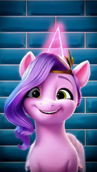 Size: 720x1281 | Tagged: artist needed, safe, pipp petals, rising star, pegasus, pony, g5, adorapipp, brick wall, cute, female, horn, jewelry, neon, pippcorn, smiling, solo, tiara, wings