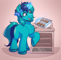 Size: 2568x2504 | Tagged: safe, artist:witchtaunter, oc, oc:rocky blues, pony, bandana, commission, commissioner:legionofblues, cookie, cooking, food, happy, magic, male, oven, simple background, smiling, solo, stallion