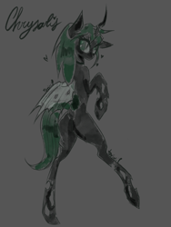 Size: 3001x4000 | Tagged: safe, artist:toxikil, queen chrysalis, changeling, changeling queen, semi-anthro, g4, choker, dock, eye clipping through hair, eyelashes, gray background, heart, horn, raised hoof, raised tail, simple background, sketch, solo, tail
