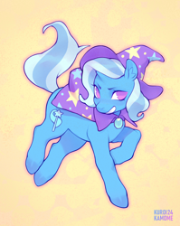Size: 2060x2592 | Tagged: safe, artist:kuroikamome, trixie, pony, unicorn, g4, blue coat, blue mane, blue tail, brooch, cape, clothes, ear fluff, flying, gem, hat, horn, jewelry, looking at you, multicolored mane, multicolored tail, pink eyes, simple background, smiling, solo, stars, tail, trixie's brooch, trixie's cape, trixie's hat, two toned mane, watermark, wavy mane, wavy tail