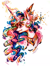 Size: 1489x1944 | Tagged: safe, artist:drizzledazzle, princess celestia, alicorn, pony, g4, bust, crown, ethereal mane, female, folded wings, horn, jewelry, magic, mare, peytral, regalia, signature, simple background, solo, white background, wings