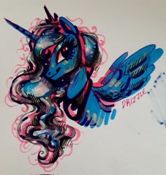 Size: 1941x2048 | Tagged: safe, artist:drizzledazzle, princess luna, alicorn, pony, g4, bust, crown, ethereal mane, female, horn, jewelry, mare, peytral, regalia, signature, simple background, smiling, solo, spread wings, white background, wings