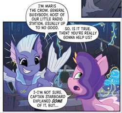 Size: 917x849 | Tagged: safe, artist:amy mebberson, idw, official comic, maris the crow, pipp petals, jellyfish, pegasus, seapony (g4), g5, my little pony: set your sail, set your sail #2, spoiler:comic, spoiler:g5, spoiler:g5comic, bubble, dorsal fin, ear piercing, earring, electricity, female, fin, fin wings, fins, fish tail, flowing mane, flowing tail, green eyes, grin, jewelry, looking at each other, looking at someone, mare, ocean, open mouth, piercing, purple eyes, scales, seaponified, seapony pipp petals, smiling, species swap, swimming, tail, talking, teeth, underwater, water, wings