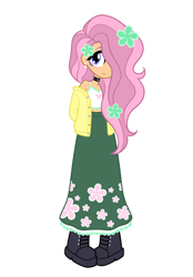 Size: 1640x2360 | Tagged: safe, fluttershy, human, equestria girls, g4, blue eyes, boots, choker, clothes, ear piercing, flower, flower in hair, hair over one eye, humanized, long skirt, piercing, pink hair, redesign, shoes, short shirt, skirt, smiling, solo, sweater, tank top