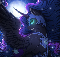 Size: 1397x1326 | Tagged: safe, artist:binibean, nightmare moon, alicorn, pony, g4, antagonist, blue eyes, blue mane, blue tail, bust, digital art, ethereal hair, ethereal mane, eyeshadow, fangs, feather, female, flowing mane, flowing tail, glowing, glowing eyes, grin, helmet, hoof shoes, horn, looking at you, makeup, mare, moon, moonlight, night, peytral, portrait, princess shoes, raised hoof, signature, smiling, smiling at you, solo, sparkles, spread wings, starry mane, starry night, starry tail, stars, tail, teeth, villainess, wings