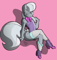 Size: 934x985 | Tagged: safe, artist:theburningdonut, silver spoon, earth pony, anthro, bow, braid, clothes, crossed legs, glasses, high heels, leotard, looking at you, shoes, stockings, thigh highs