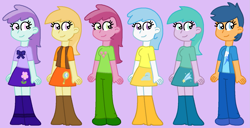 Size: 1573x804 | Tagged: safe, artist:maddiewondermanforever36, aura (g4), cotton cloudy, first base, liza doolots, noi, petunia, ruby pinch, tootsie flute, human, equestria girls, g4, adorabase, alternate mane six, aurabetes, clothes, cottonbetes, cute, dress, equestria girls-ified, female, filly six, girly girl, group, humanized, jacket, lavender background, noiabetes, pants, pinchybetes, ribbon, sextet, shirt, shoes, simple background, skirt, tomboy, tootsie cute