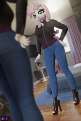 Size: 2560x3840 | Tagged: safe, alternate version, artist:shadowboltsfm, sweetie belle, anthro, plantigrade anthro, g4, 3d, bed, bedroom, blender, boots, breasts, clothes, denim, eyeshadow, hand on hip, high heel boots, high res, jacket, jeans, lipstick, makeup, mirror, nail polish, not sfm, older, older sweetie belle, pants, sexy, shoes