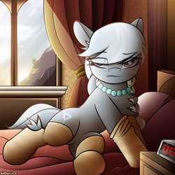 Size: 2000x2000 | Tagged: dead source, safe, artist:andaluce, silver spoon, earth pony, g4, alarm clock, bed, bedroom, chest fluff, clock, clothes, eye clipping through hair, female, filly, fluffy, foal, jewelry, morning ponies, necklace, on bed, pearl necklace, pillow, socks, solo, sunrise, waking up