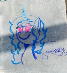 Size: 2866x3141 | Tagged: safe, artist:jesslmc16, izzy moonbow, pony, unicorn, g5, beautiful, bust, chalk, colored pupils, female, horn, mare, name, portrait, sidewalk, solo, text, traditional art