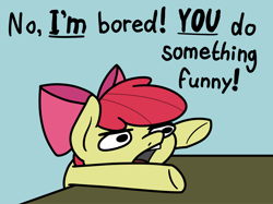 Size: 2048x1532 | Tagged: safe, artist:ewoudcponies, apple bloom, earth pony, pony, blue background, cyan background, female, filly, foal, open mouth, simple background, solo, table, text