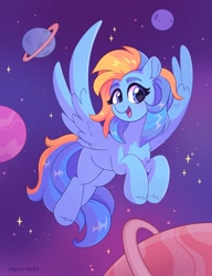 Size: 1630x2123 | Tagged: safe, artist:skysorbett, oc, oc only, oc:nebula, pegasus, pony, cute, eyebrows, female, looking at you, mare, open mouth, open smile, pegasus oc, planet, smiling, smiling at you, solo, space, spread wings, stars, wings