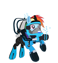 Size: 4157x4535 | Tagged: safe, artist:sonicstreak5344, rainbow dash, pegasus, pony, g4, bubble, drysuit, flippers, flippers (gear), full face mask, hose, oxygen tank, rebreather, respirator, scuba gear, scuba tank, show accurate, solo, vector